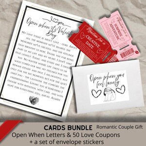 May include: A collection of romantic cards and coupons. The set includes a Valentine's Day letter, two coupon tickets, and a card with the text "Open when you feel lonely." The cards are white with black text and accents.