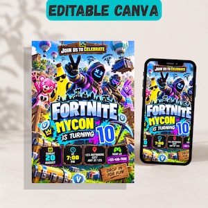 Könnte beinhalten: Eine digitale Einladungsvorlage mit Fortnite-Charakteren, darunter ein rosa Bär, eine Banane und eine Kapuzenfigur mit leuchtend blauer Maske. Der Text lautet JOIN US TO CELEBRATE, FORTNITE, MYCON IS TURNING 10, ergänzt durch Veranstaltungsdetails.