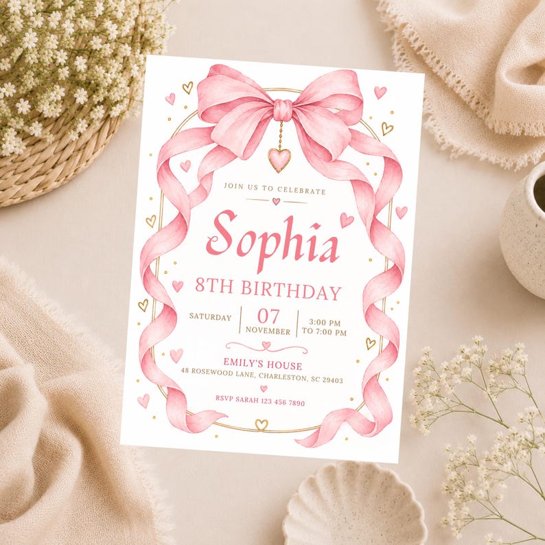 Pink Grad Invite Template Editable Pink Coquette Bow Invite, Ribbon Birthday Invitation, Girl ...