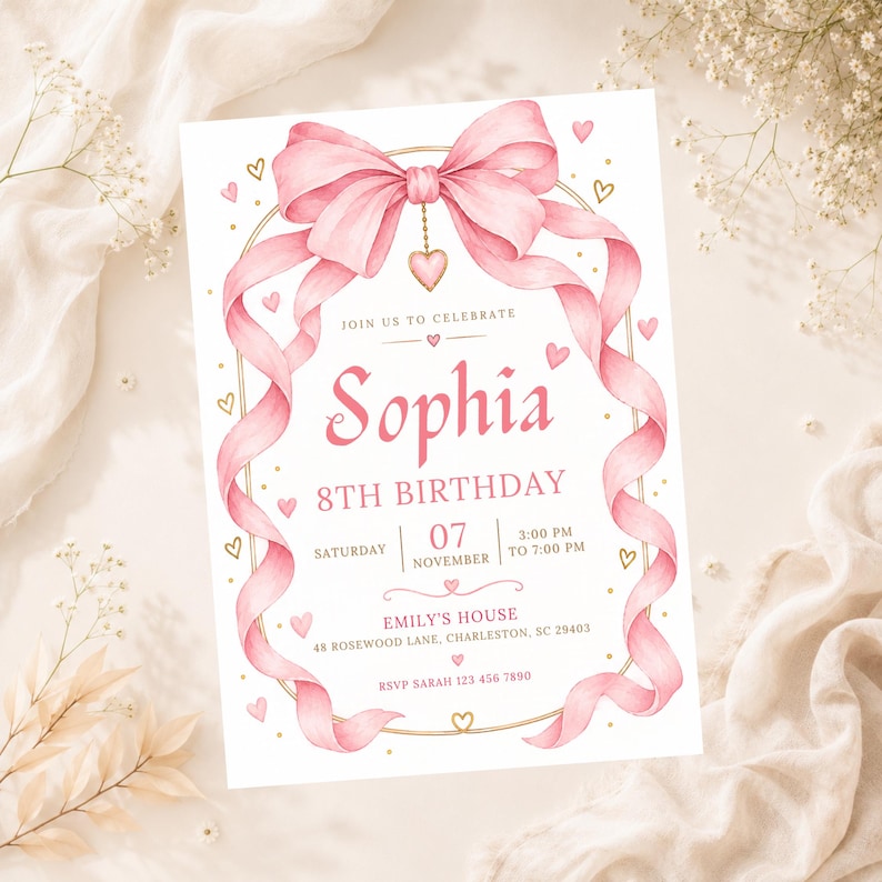 Pink Grad Invite Template Editable Pink Coquette Bow Invite, Ribbon Birthday Invitation, Girl ...