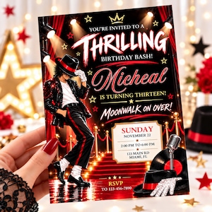 May include: A rectangular birthday invitation card featuring a performer in a black sequined jacket, fedora, and white glove. The text reads: YOU'RE INVITED TO A THRILLING BIRTHDAY BASH! Micheal IS TURNING THIRTEEN! MOONWALK ON OVER! SUNDAY NOVEMBER 22 2:00 PM TO 6:00 PM.