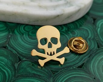 Skull and Bones Brooch Pin, Gold Plated Lapel Badge, Black Collar Pin for Men, Silver Suit Accessory, Gothic Skull Jewelry, Halloween Gift