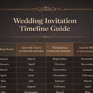 May include: A dark brown Wedding Invitation Timeline Guide with gold decorative elements. The guide lists wedding planning milestones, including save-the-dates, invitations, and RSVP deadlines, with corresponding months.