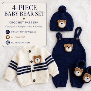 May include: A 4-piece baby bear crochet pattern set including a cream cardigan with navy stripes, navy romper, navy hat with pom-pom, and navy booties. Each piece features a small bear face appliqué. Text reads 4-PIECE BABY BEAR SET.