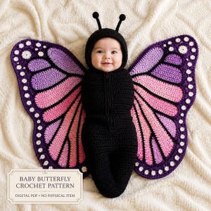 May include: A black crochet baby cocoon with a matching hood featuring two antennae, paired with large, detachable butterfly wings in shades of purple and pink with white accents. The image includes text: BABY BUTTERFLY CROCHET PATTERN.