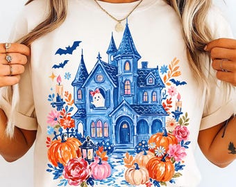 Halloween Haunted House SVG PNG,Trendy Floral Fall Png, Brushstroke Halloween Sublimation Design