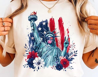 Preppy Brushstroke Statue of Liberty Blowing Bubble and Peace Sign PNG, 4th of July USA Patriotic Design, Girly Floral Graphic