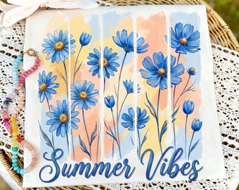 Summer Vibes SVG, Blue Floral Summer Sublimation, Watercolor Daisy PNG, Trendy Summer Shirt Cut File, Digital Download