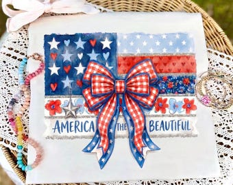 America the Beautiful Coquette Flag PNG SVG, Patriotic Bow 4th of July, Checkered USA Design, Retro Brushstroke