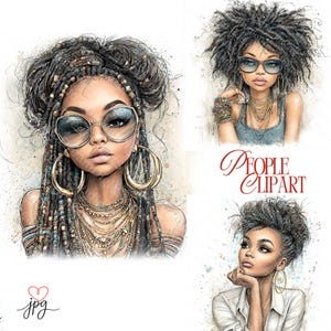 Puede incluir: Ilustraciones en acuarela de tres mujeres con cabello oscuro y accesorios elegantes. Una mujer lleva grandes pendientes de aro dorados y gafas de sol. El texto "People Clipart" está en cursiva. La imagen tiene un estilo de arte digital.