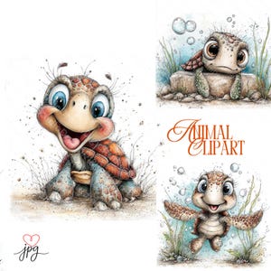 Op de afbeelding: Waterverfillustraties van cartoon schildpadden in verschillende poses. Eén schildpad lacht, een andere zit op een rots en de derde zwemt. De tekst "Animal Clipart" is geschreven in een decoratief lettertype.