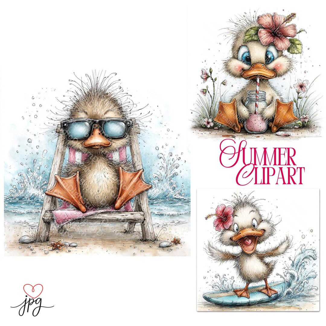 Beach Duck Watercolor Clipart Bundle – Whimsical Cute Summer Ducks ...