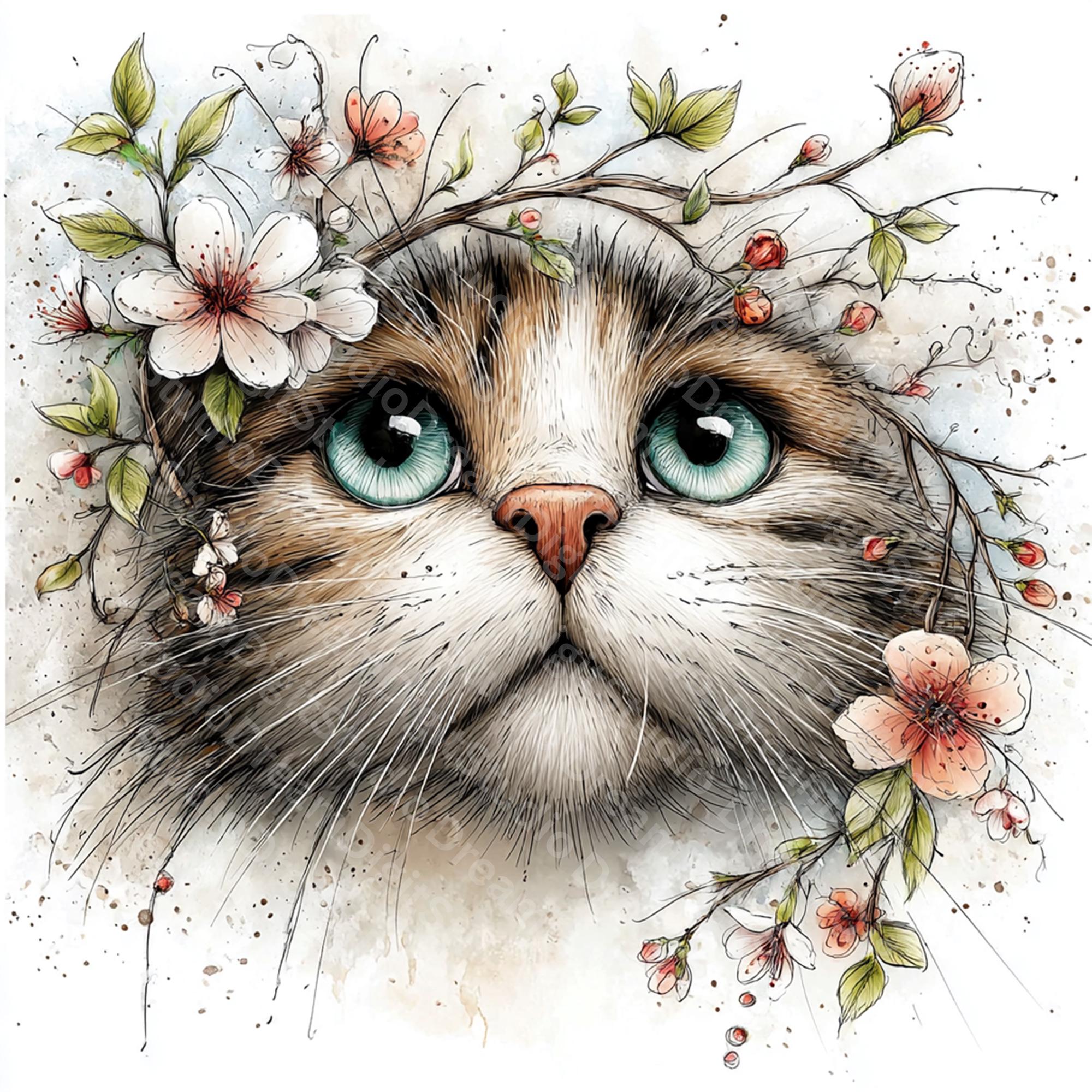 Watercolor Floral Cats Clipart, Cute Cat Flowers, Whimsical Cat ...