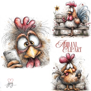 May include: Watercolor animal clipart featuring three cartoon roosters with expressive eyes and holding smartphones. One rooster is seated on a bench, another is a close-up of the head, and the third is standing. The text "Animal Clipart" is also included.