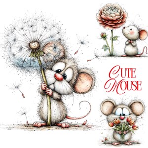 Cute Spring Mouse Clipart Bundle, Floral Mouse, Spring Elements, Watercolor clipart Digital Download, JPG