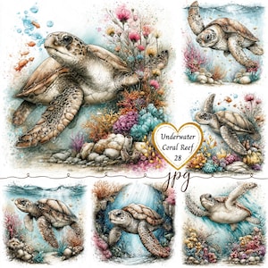 Récif de corail sous-marin des cliparts | Scène de tortue et de poisson coloré | Clipart aquarelle imprimable | Haute qualité | Créations en papier 28 JPG