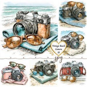 May include: A collection of watercolor illustrations featuring vintage cameras and sunglasses resting on beach towels. The artwork displays various camera models with lenses, paired with eyewear in different colors, set against sandy beach backgrounds.