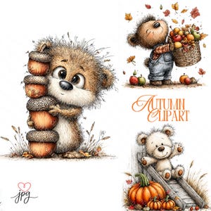 May include: Autumn-themed clipart featuring three illustrations. One shows a brown and white cartoon character holding a stack of acorns. Another depicts a bear carrying a basket of fruit. The third shows a white bear on a wooden slide with pumpkins.