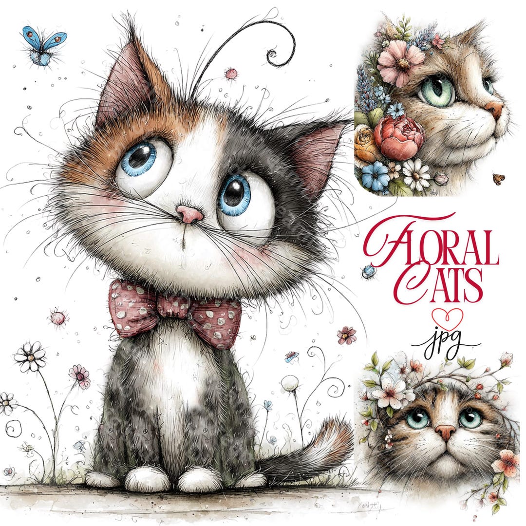 Watercolor Floral Cats Clipart, Cute Cat Flowers, Whimsical Cat ...