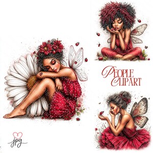 Puede incluir: Ilustración digital de tres hadas con alas de mariposa. Un hada está sentada junto a una gran margarita, otra está sentada con las manos en la cara y la tercera sostiene una mariquita. Las hadas visten vestidos rojos y están rodeadas de mariquitas. También se ve el texto "PEOPLE CLIPART".
