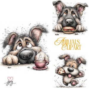 May include: A collection of whimsical dog illustrations. One dog looks up longingly at a burger, another at a cup of tea, and a third happily eats pizza. The words "Animals Clipart" are in gold script.