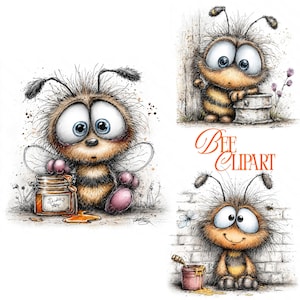 May include: A collection of three cartoon bee illustrations. One bee is holding a jar of honey, another is near a small barrel, and the third is smiling near a pink pot. The text "BEE CLIPART" is written in orange script.