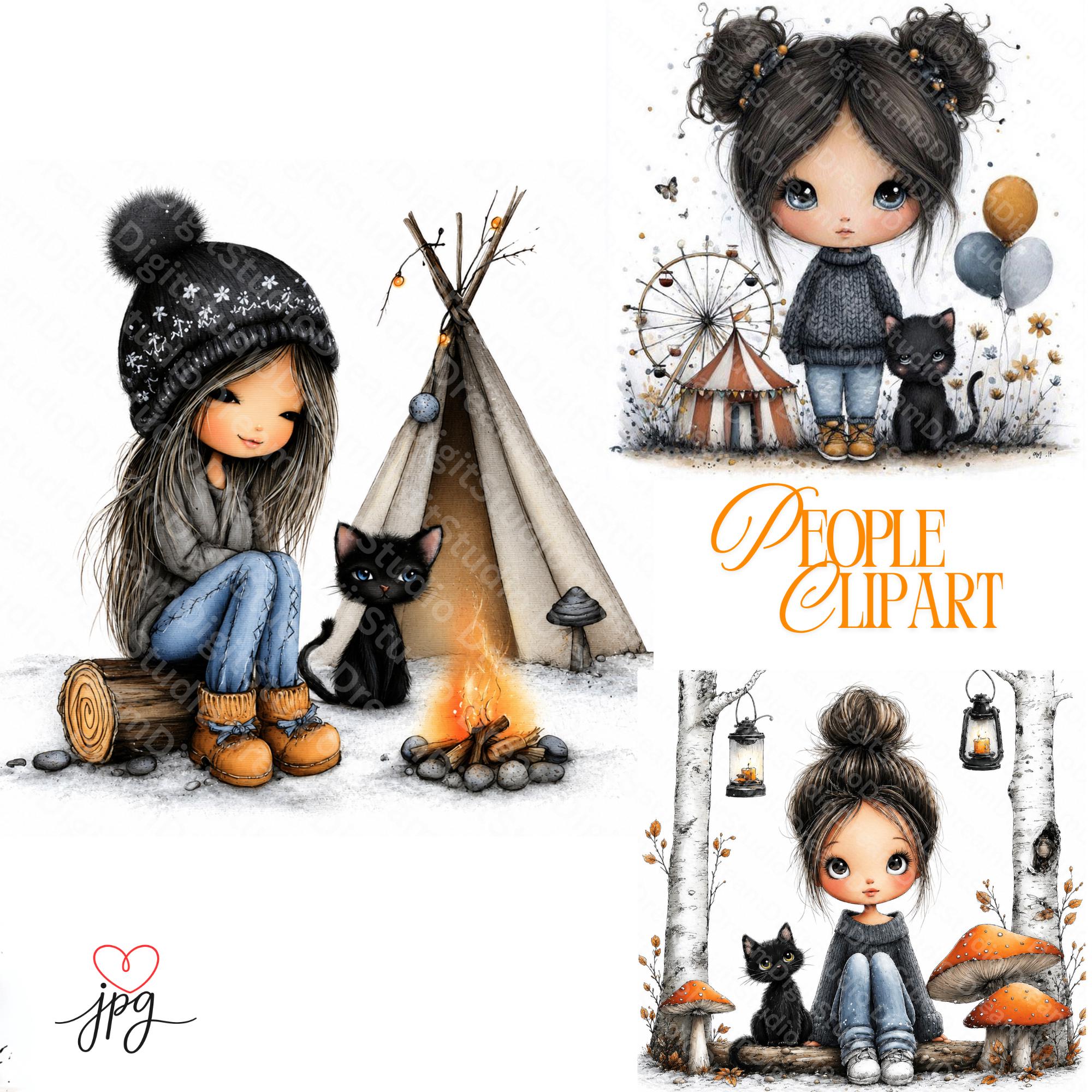 Watercolor Cute Little Girl and Black Cat Clipart Bundle Winter Clipart ...