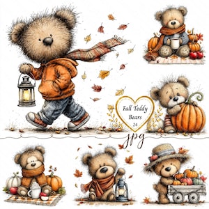 Clipart di simpatici orsetti autunnali: set autunnale con orsetti e zucche ad acquerello, download digitale 24 JPG
