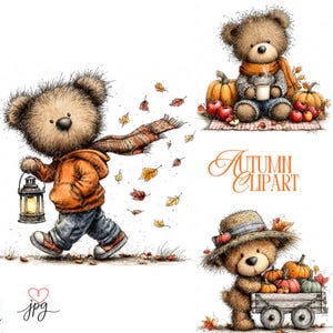 May include: A collection of autumn-themed clipart featuring teddy bears. One bear walks with a lantern, wearing an orange hoodie and scarf. Another bear sits with a mug, scarf, and pumpkins. A third bear pushes a wagon of pumpkins. The text "Autumn Clipart" is also present.