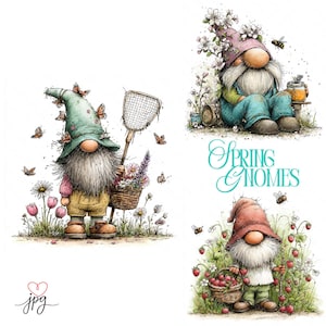 May include: Watercolor illustrations of spring gnomes. One gnome wears a green hat and holds a butterfly net and a basket of flowers. Another gnome sits with a jar of honey. The third gnome holds a basket of strawberries. The text "Spring Gnomes" is also included.