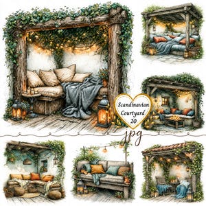May include: A collection of six watercolor illustrations depicting outdoor seating areas under wooden pergolas covered in ivy, featuring string lights, lanterns, plush cushions, and blankets, with the text Scandinavian Courtyard 20 jpg.