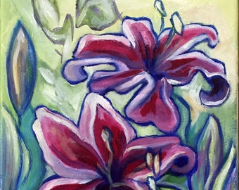 Siblings, Pink Lily paintings series; original, flower, hot fuchsia pink, cobalt blue turquoise, happy, unique perfect gift for holidays