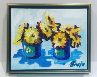 Seeing double - Oil Painting; original, flower, yellow, blue, canvas, fine art, perfect gift for holidays, unique present, van Gogh