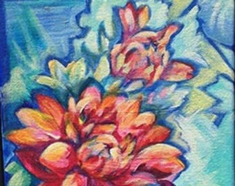 Red (Dahlia) on Turquiose - Oil Painting; original, flower, bold, canvas, impressionism, perfect gift for holidays