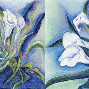 Calla Blue series of 3 Oil Pastel Drawing On Paper by Snejana Videlova PRINT or ORIGINAL available image 1