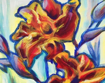 Indian Lily Siblings - Oil/Acr. Painting; canvas, original, flower, nature, floral, red, orange, pink, cobalt blue, perfect gift for holiday