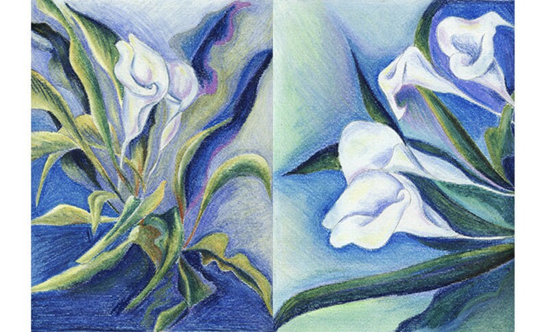 Calla Blue series of 3 Oil Pastel Drawing On Paper by Snejana Videlova PRINT or ORIGINAL available image 1