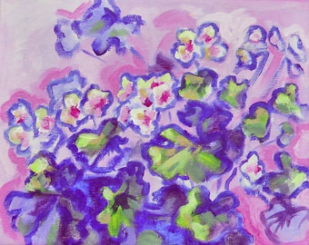 Pink Geranium small 3 - Oil Painting; original, flower, pink, blue, canvas, fine art, perfect gift or for your own decor