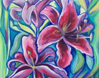 Exuberance, Pink Lily paintings series; original, flower, hot fuchsia pink, cobalt blue turquoise, happy, unique perfect gift for holidays