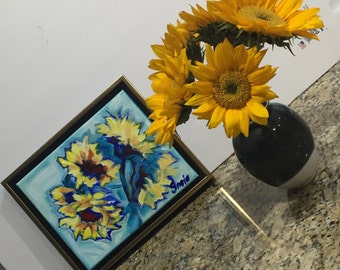 Sunflowers Outburst - Oil Painting; original, flower, yellow, blue, canvas, fine art, perfect gift for holidays, unique present, van Gogh