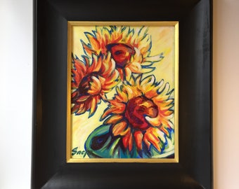 Sunflowers In Blue Vase small - Oil Painting; original, flower,bright, impression, perfect gift for holiday