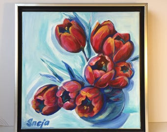 Red Tulips on Blue - original oil painting, red pink tulips, happy, optimistic art for sale, perfect gift for holidays