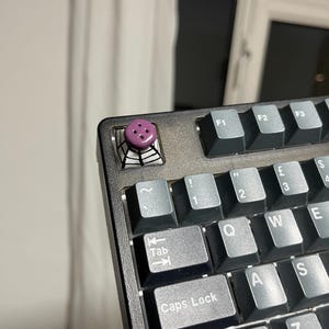 May include: Close-up of a black mechanical keyboard with gray keycaps. A custom keycap with a purple, circular design is installed. The keyboard's layout includes function keys, number keys, and letter keys.
