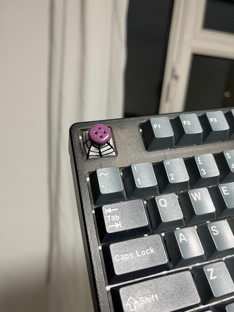 May include: Close-up of a black mechanical keyboard with gray keycaps. A custom keycap with a purple, circular design is installed. The keyboard's layout includes function keys, number keys, and letter keys.