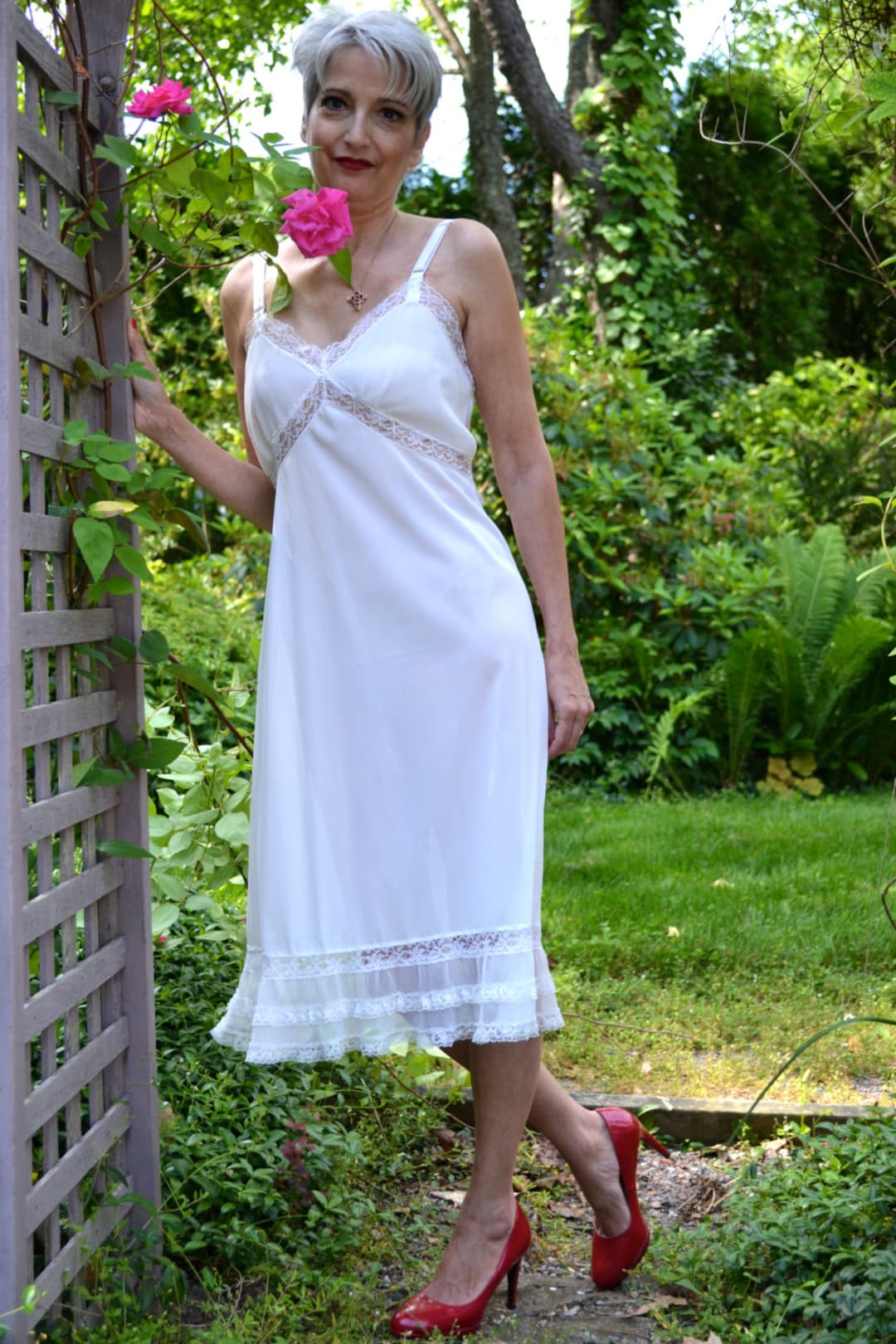 Flouncy 1950's White Slip Dress. Vintage Lingerie. Chiffon and