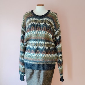 Vintage Men&#39;s Earthtone Tribal Knit Sweater. Green Brown. Wool Acrylic Cotton. Peter England  Anderson-Little. Modern Size Large - VM82