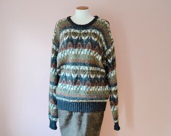 Vintage Men's Earthtone Tribal Knit Sweater. Green Brown. Wool Acrylic Cotton. Peter England  Anderson-Little. Modern Size Large - VM82