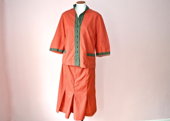 Folkwear.  Red Coral Calico Cotton Folk Dress Set… - image 1