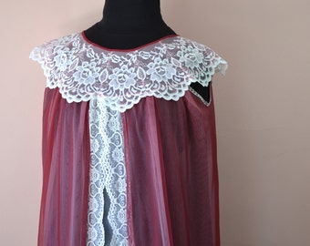 Vintage 1960s Cranberry Pink Double Chiffon Chemise.  Sexy See Through.  Super Wide Lace. Modern Size Small or Medium - VL217