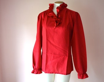 Cranberry Red Ruffly Blouse.  Sexy Secretary.  Modern Size 12 Large-  VTB5